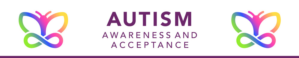 a banner graphic with the words &quot;autism awareness and acceptance&quot; and a butterly emblem on both sides