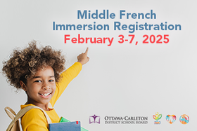 A cheerful young child with curly hair wearing a yellow sweater, holding books, and pointing to the text &quot;Middle French Immersion Registration February 3-7, 2025.&quot;