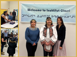 Photos from the Inuktitut Language Class launch event, featuring a banner reading 'Welcome to Inuktitut Class!' in English and Inuktitut syllabics, along with attendees, including three women in traditional attire posing together.