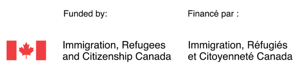 canada flag, with english and french text saying that the program is funded by immigration, refugees, and citizenship canada