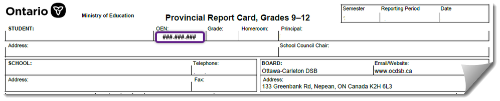 image showing the location of the OEN in the header section of a provincial Report Card