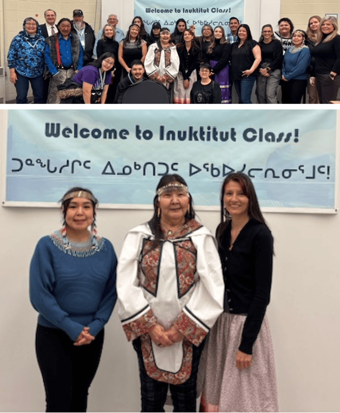 Photos from the Inuktitut Language Class launch event, featuring a banner reading 'Welcome to Inuktitut Class!' in English and Inuktitut syllabics, along with attendees, including three women in traditional attire posing together.