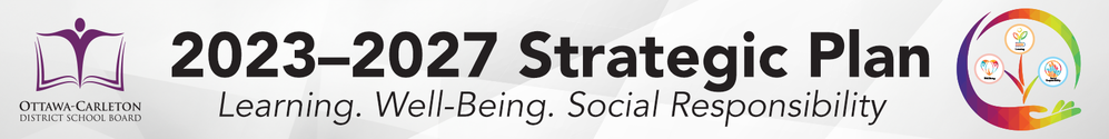 Graphic with text: 2023-2027 Strategic Plan, Learning, Wellbeing, Social Responsibility