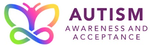 autism awareneess and acceptance logo - a multi-coloured outline of a butterfly